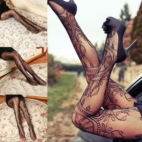 🔥Sexy Black floral lace fishnet stockings pantyhose OSFM - Picture 2 of 3